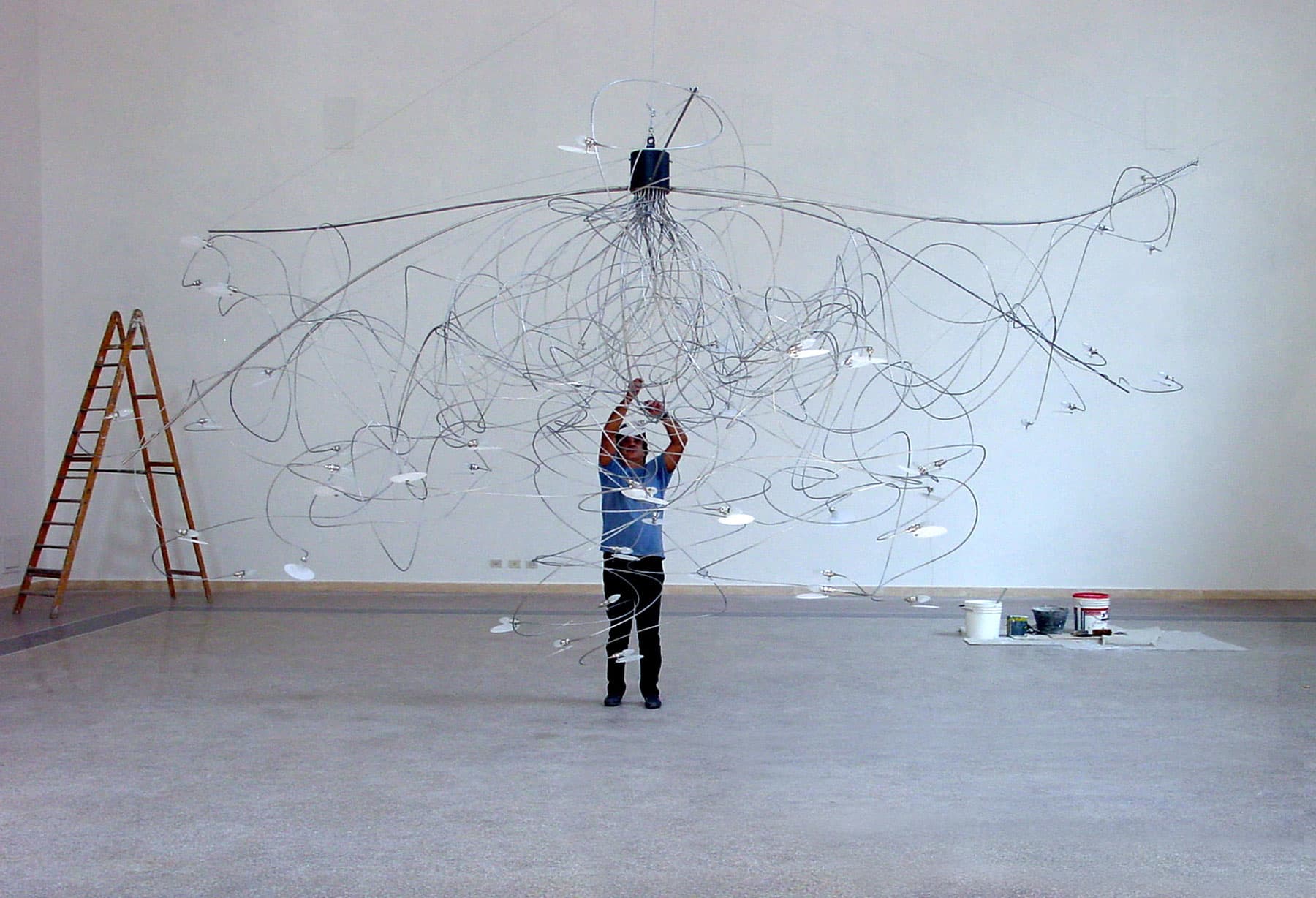 <p>Enzo Catellani est chargé de réaliser une énorme suspension spéciale (pièce unique) pour la Sala Dante du Palazzo Poli Fontana di Trevi à Rome, siège actuel de l’Istituto Centrale per la Grafica ; la conception de cette lampe est à l’origine de l’élaboration du prototype de la création qui deviendra par la suite la plus célèbre et la plus originale de la production d’Enzo Catellani : « Fil de Fer »</p>